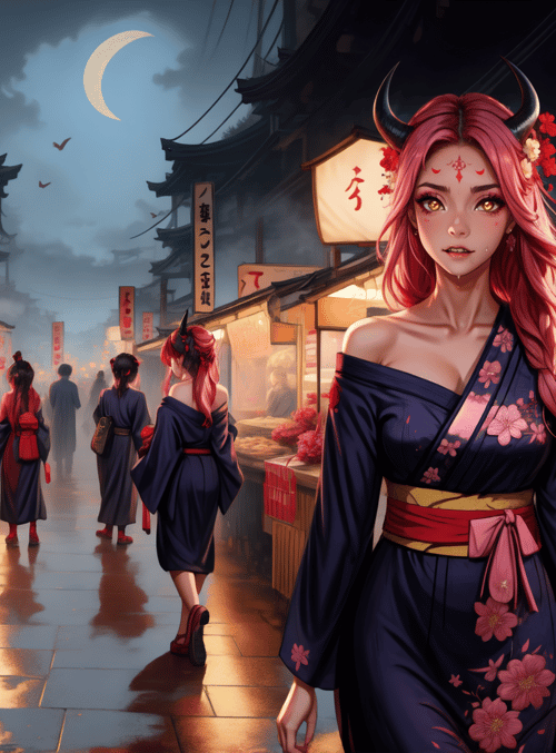 woman, market, ninja, kimono, street, bazaar, shop, vendor, merchant, crescent