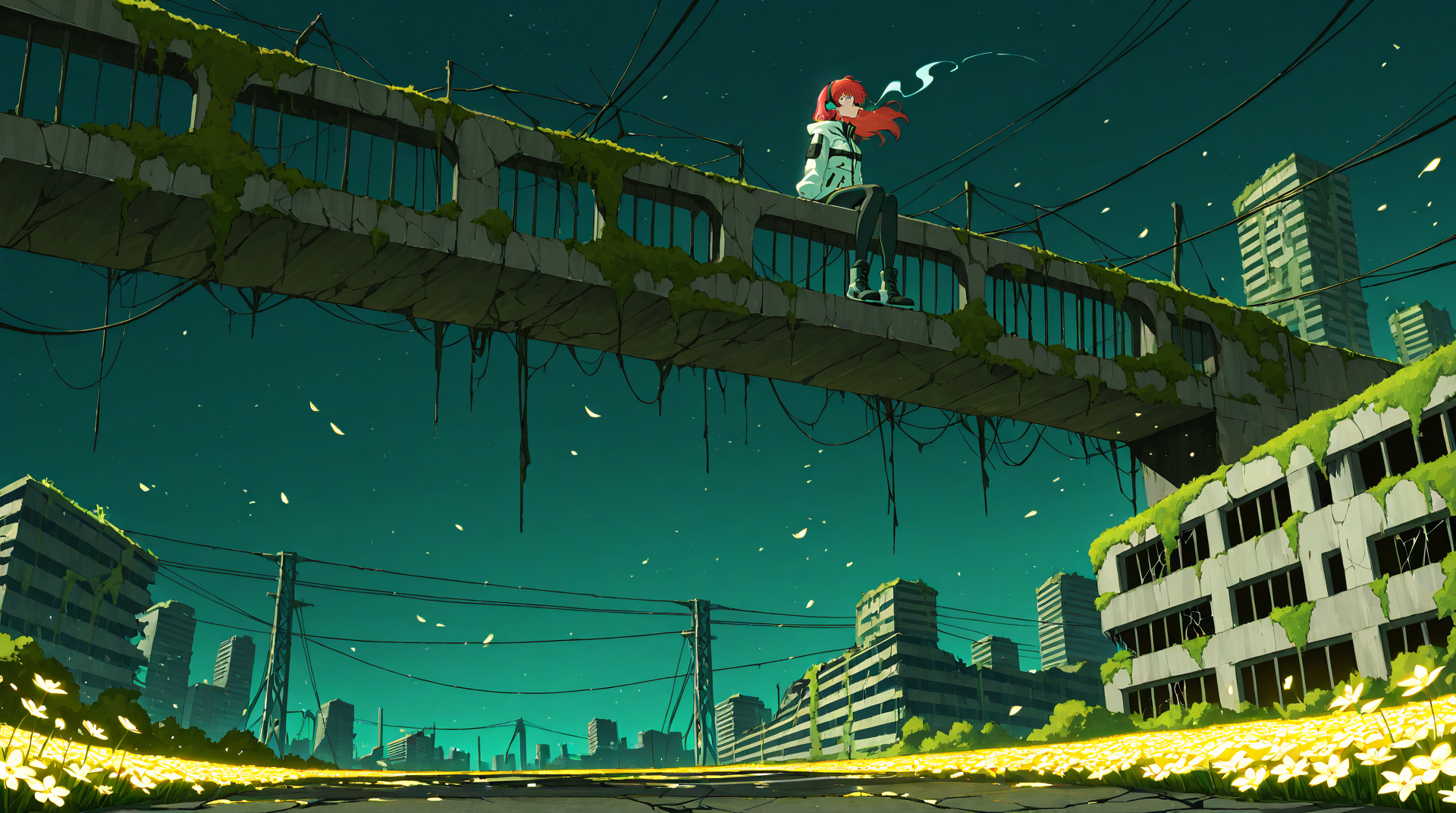 AI generated wallpaper featuring girl, bridge, city