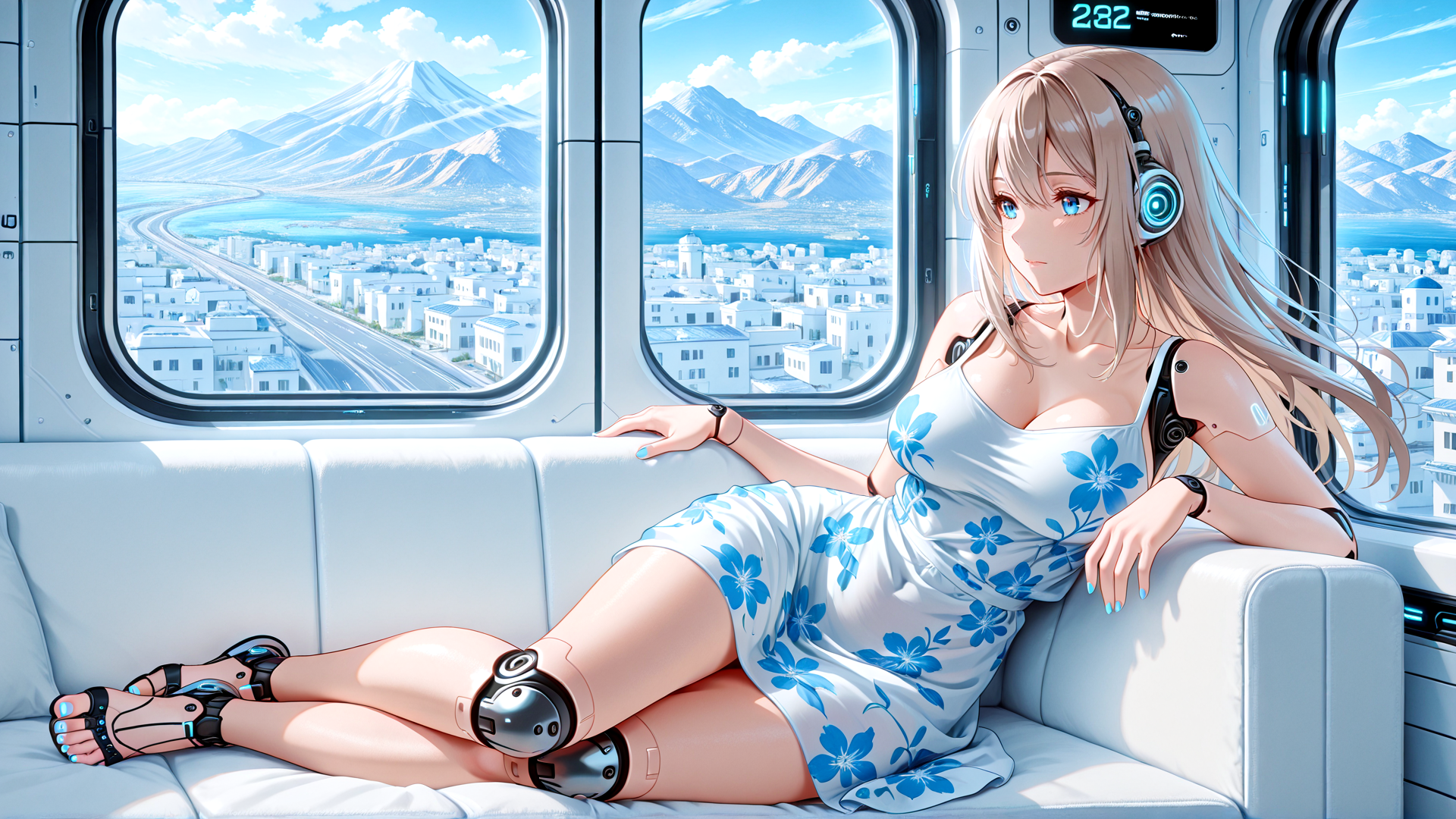 AI generated wallpaper featuring anime girl, train, headphones, dress, mountains, city