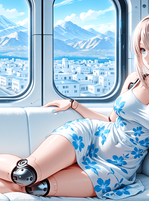anime girl, train, headphones, dress, mountains, city