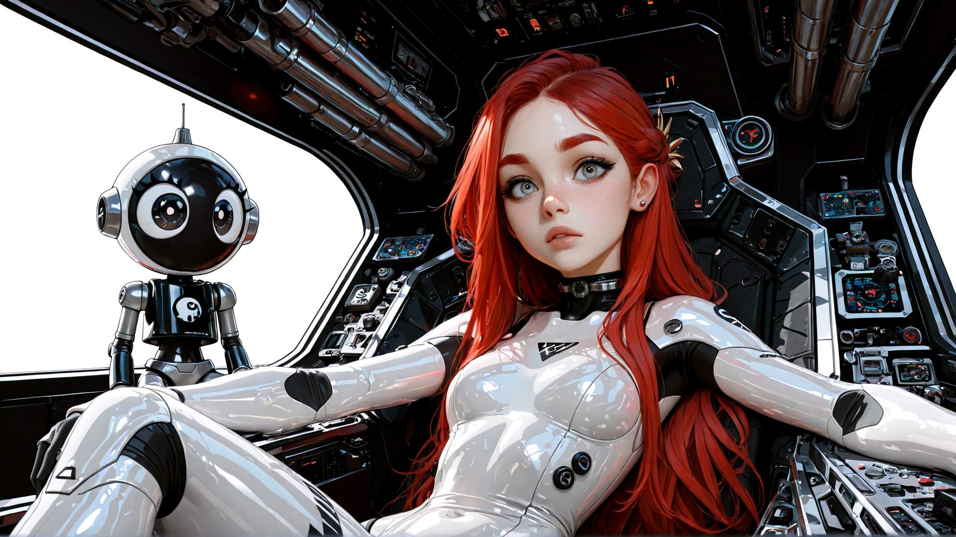 AI generated wallpaper featuring cyborg, robot, pilot, spaceship, cockpit, red hair, futuristic