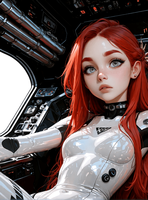 cyborg, robot, pilot, spaceship, cockpit, red hair, futuristic