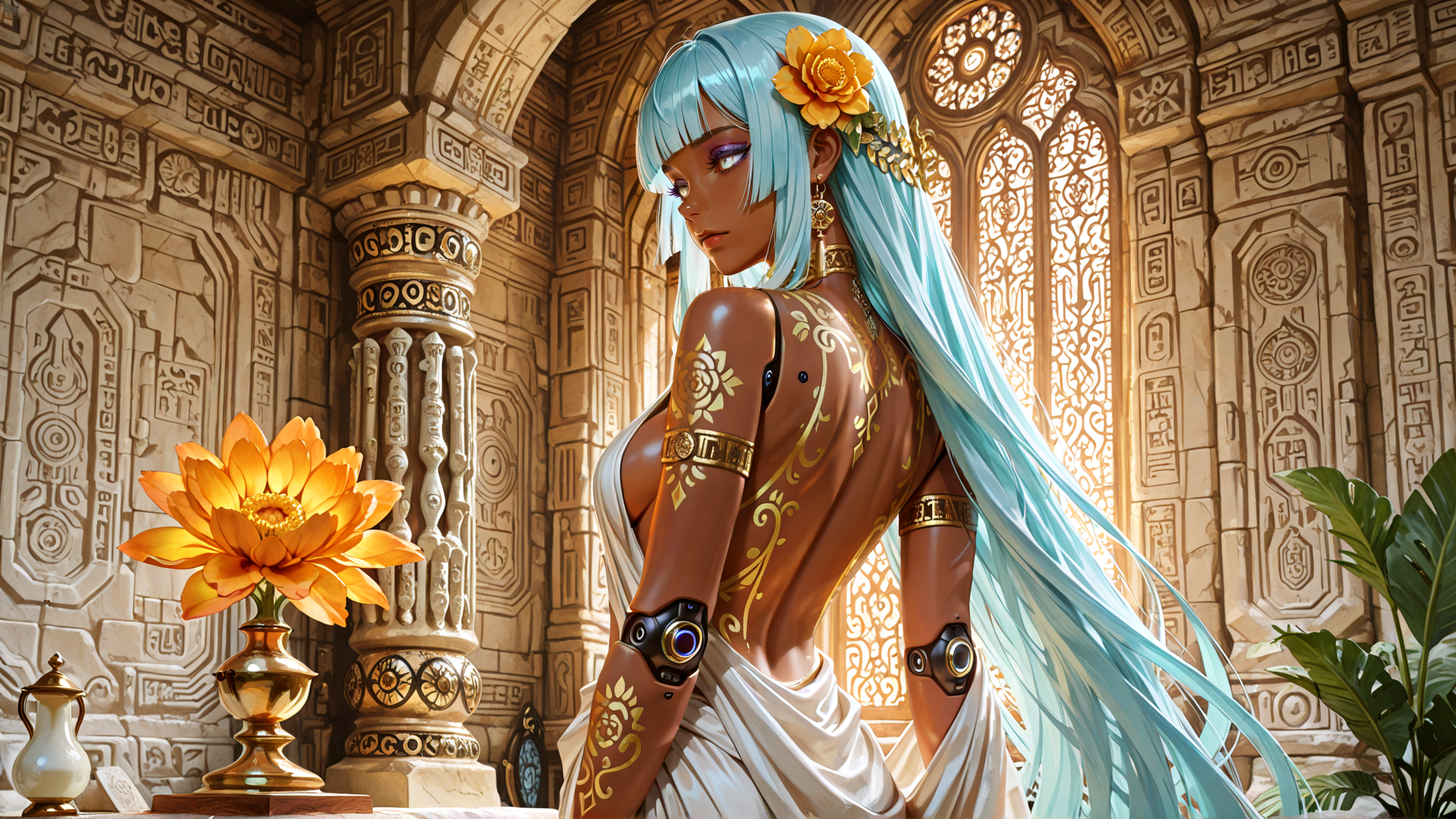 AI generated wallpaper featuring woman, flower, temple, armor, scepter, headdress, column, vase, sunglasses, sash