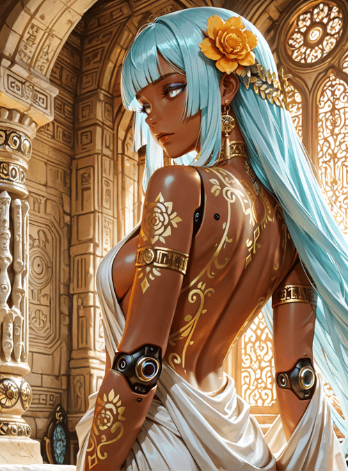 woman, flower, temple, armor, scepter, headdress, column, vase, sunglasses, sash