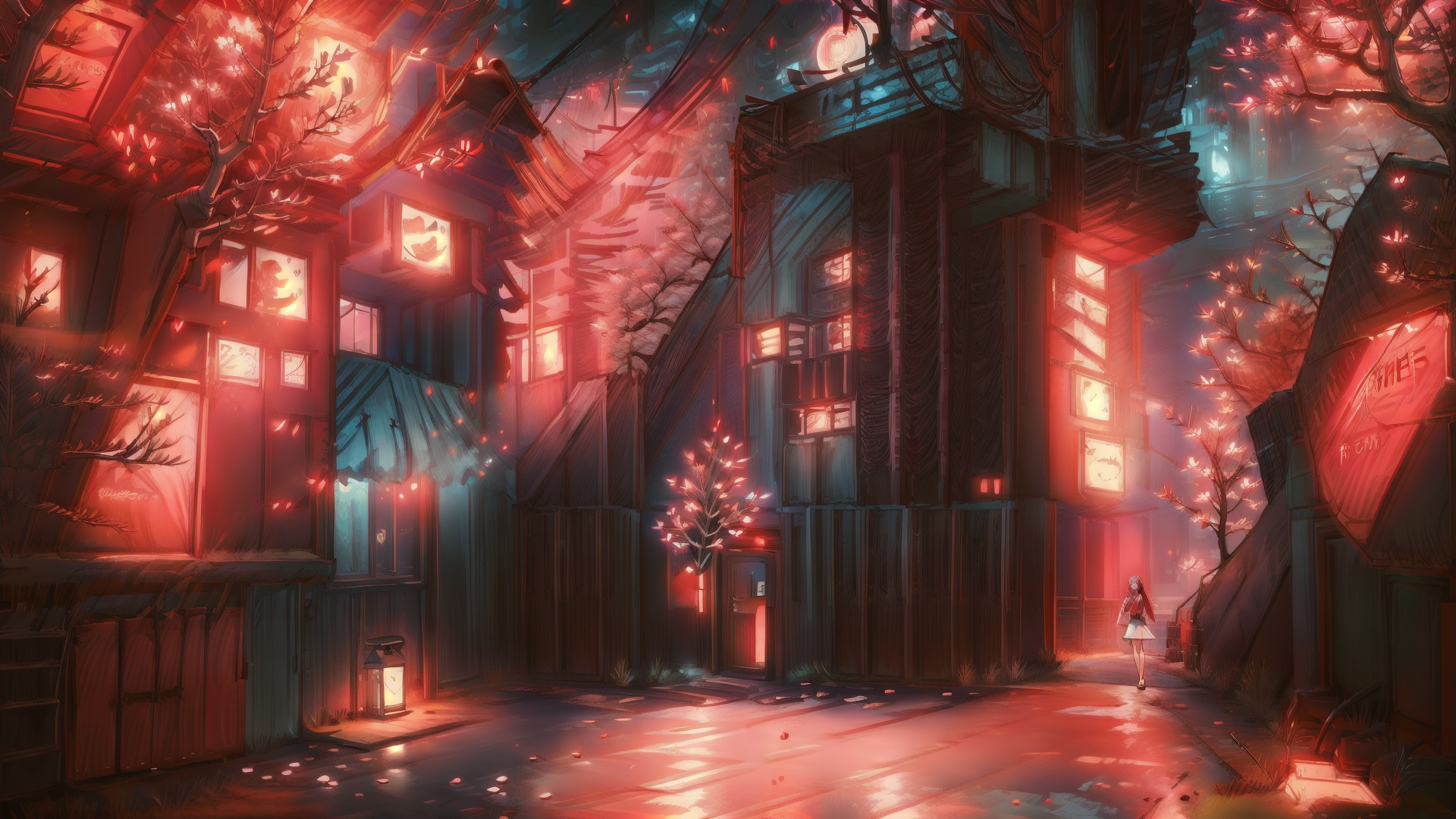 AI generated wallpaper featuring girl, street, buildings