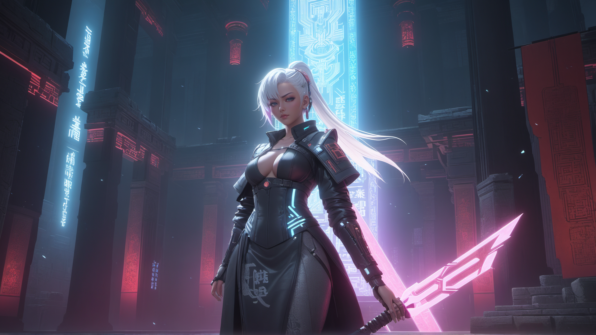 AI generated wallpaper featuring cyberpunk woman, sword