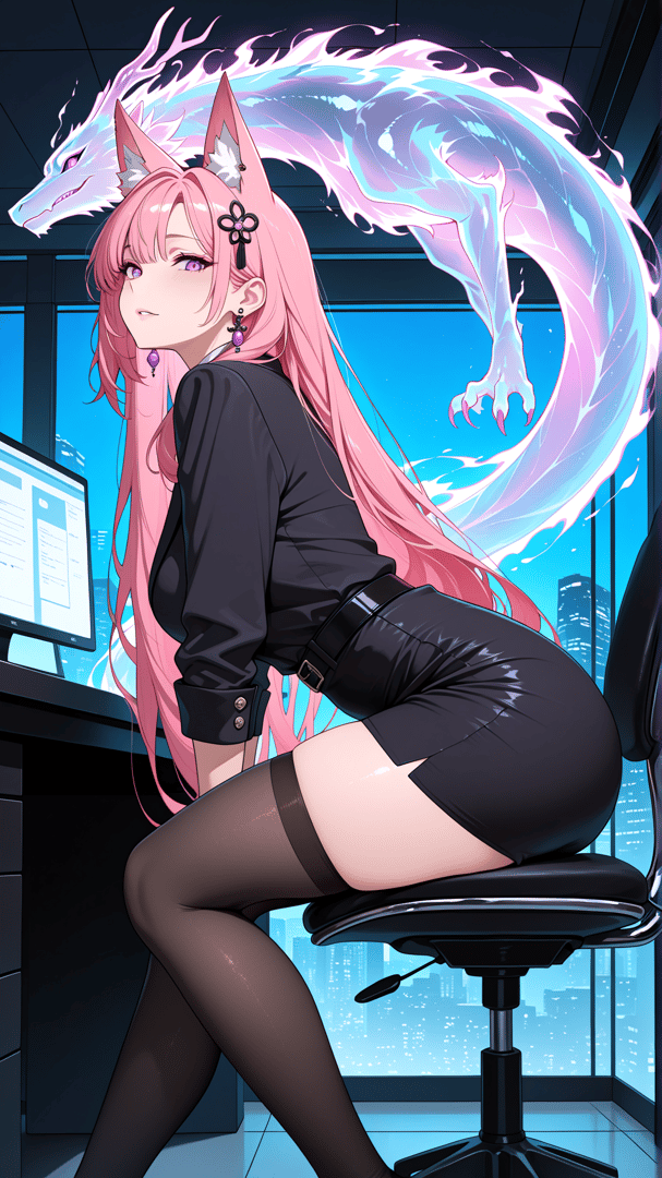 AI generated wallpaper featuring fox girl, dragon, office worker, computer, cityscape