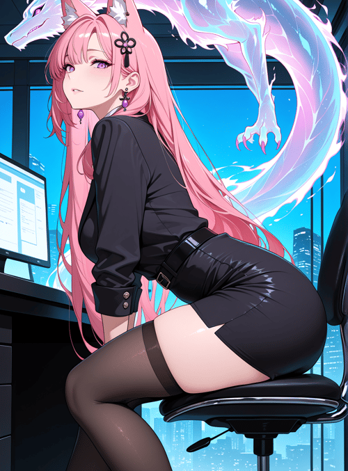 fox girl, dragon, office worker, computer, cityscape