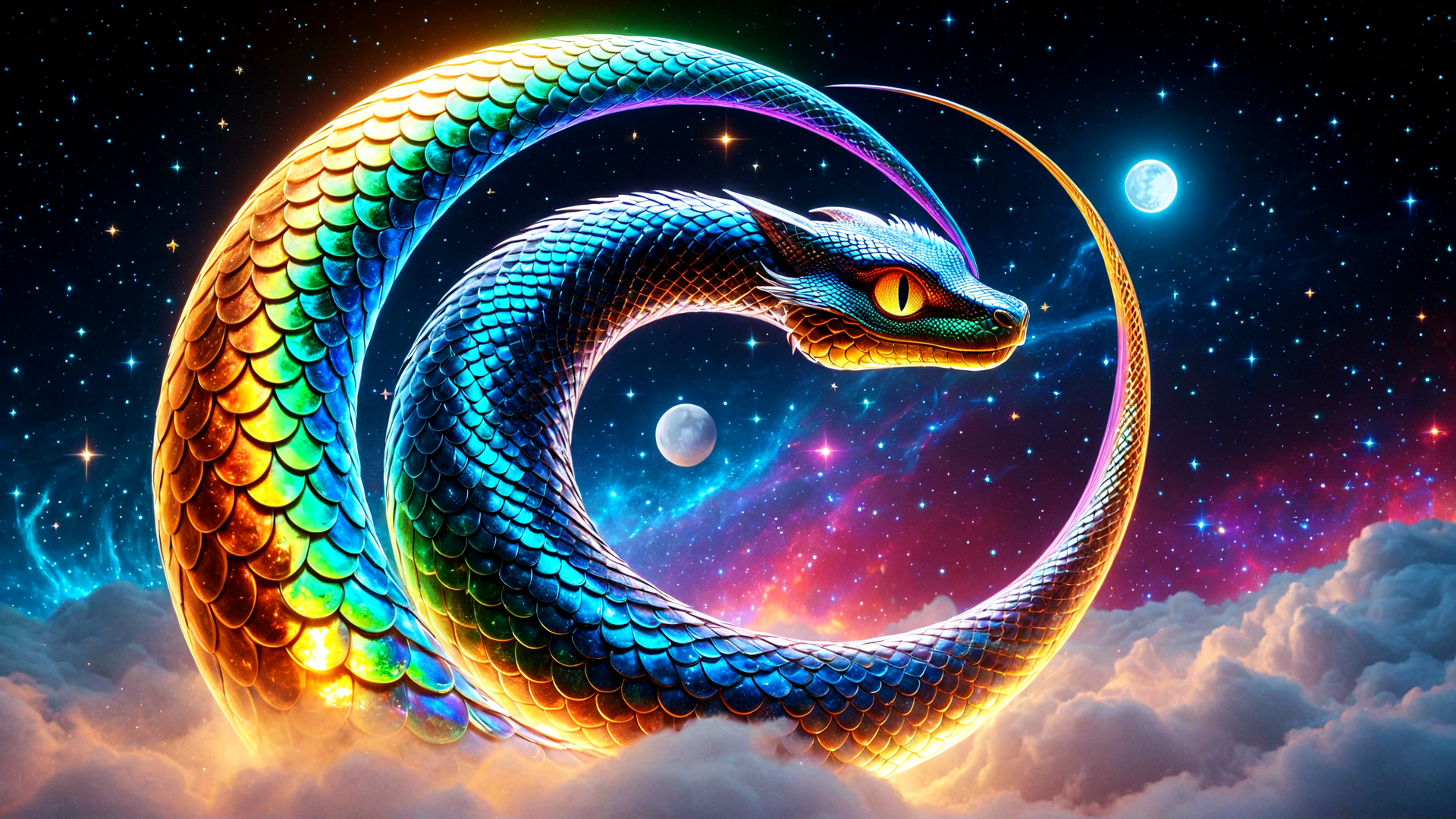 AI generated wallpaper featuring dragon, snake, cosmos, clouds, moon, stars, galaxy