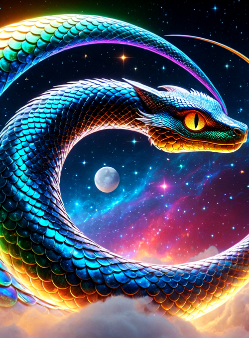 dragon, snake, cosmos, clouds, moon, stars, galaxy