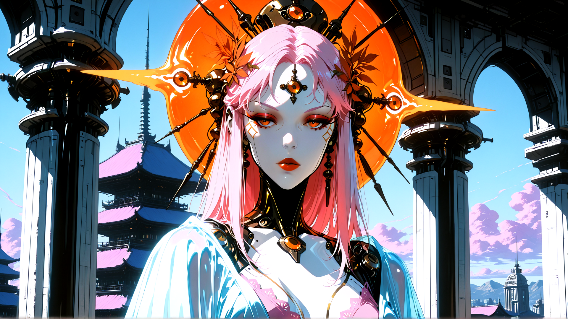 AI generated wallpaper featuring cyberpunk, geisha, goddess, mechanical, architectural, figure, building, sakura, sun, ancient