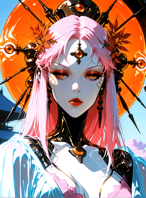 cyberpunk, geisha, goddess, mechanical, architectural, figure, building, sakura, sun, ancient