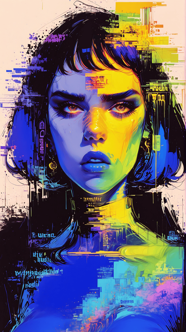 AI generated wallpaper featuring woman, digital, art, portrait, cityscape