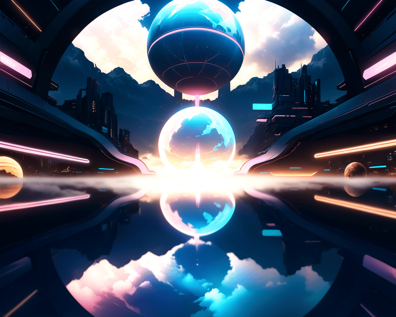 AI generated wallpaper featuring globe, cityscape, neon