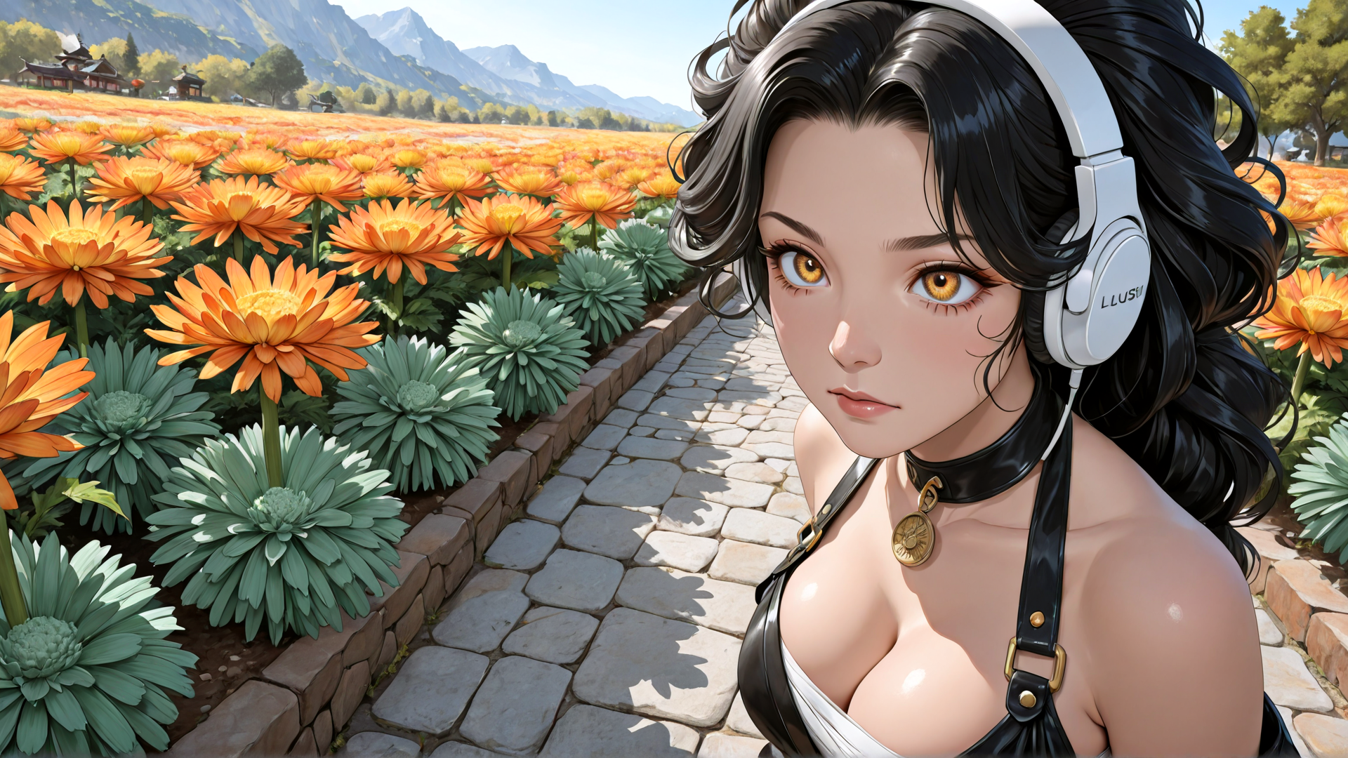 AI generated wallpaper featuring woman, headphones, flowers, pathway, mountains
