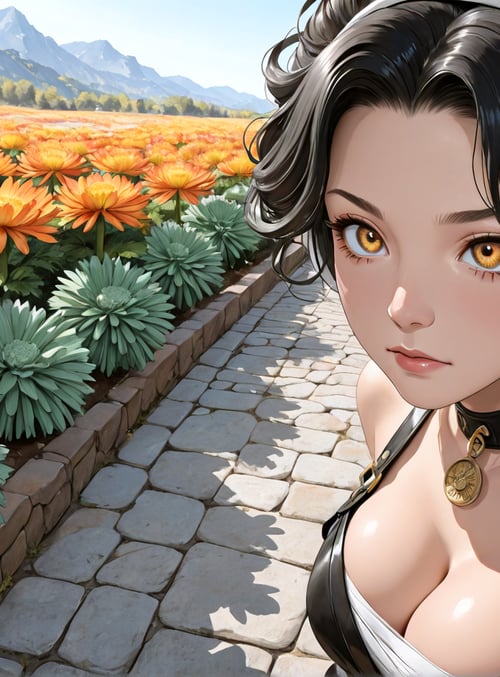 woman, headphones, flowers, pathway, mountains