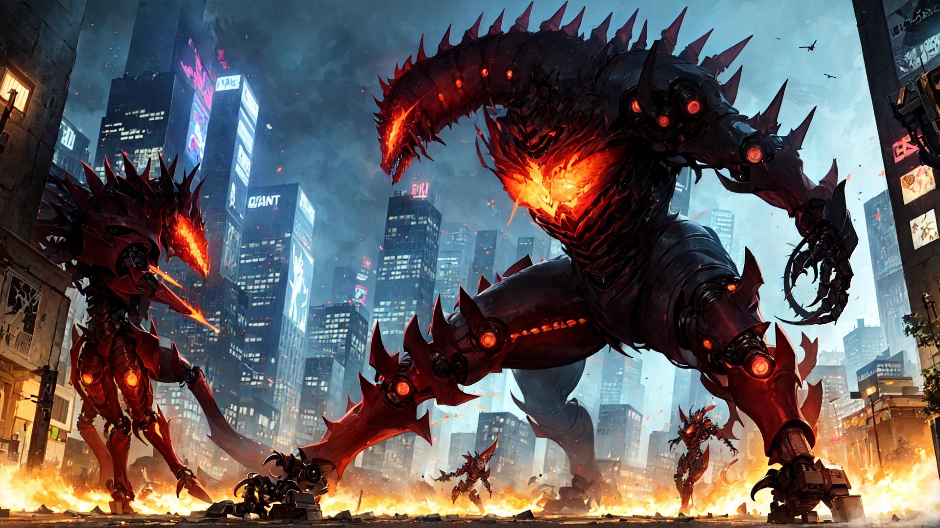 AI generated wallpaper featuring kaiju, robots, city, skyscrapers, fire, monsters