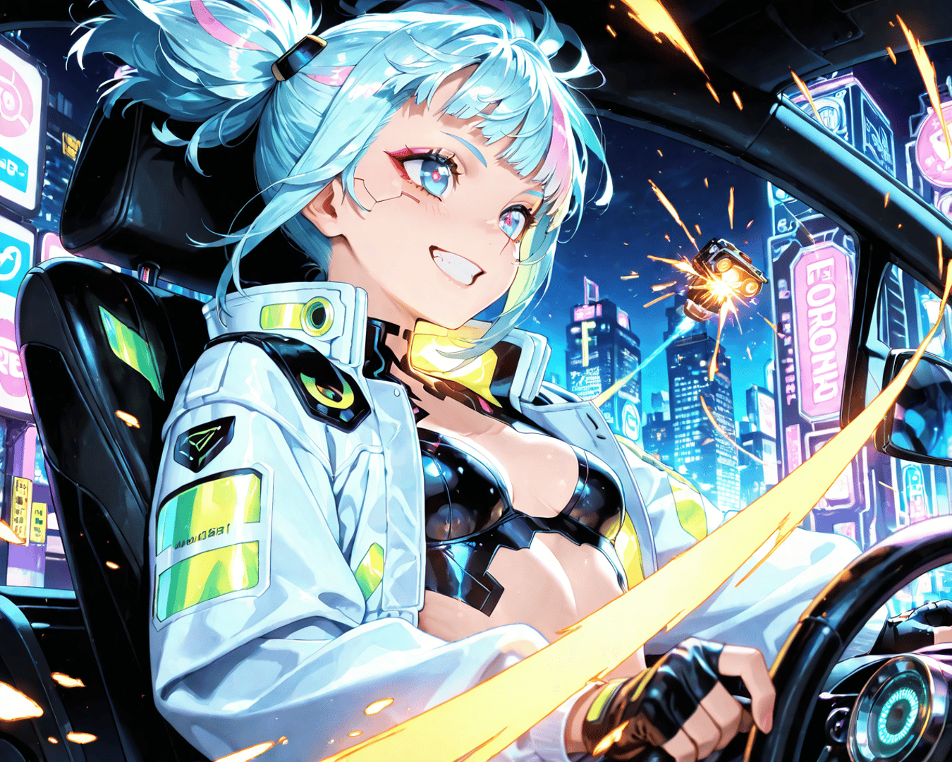 AI generated wallpaper featuring cyberpunk girl, car, city