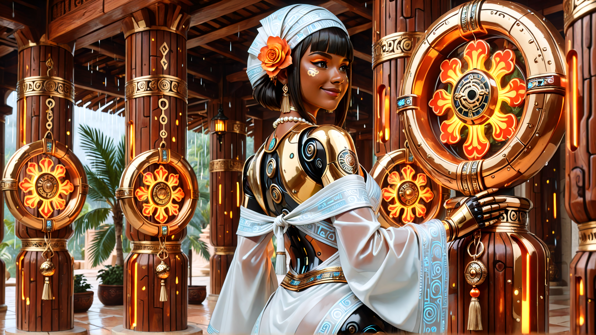 AI generated wallpaper featuring woman, robotic armor, ornate pillars, sun symbol, flower headband
