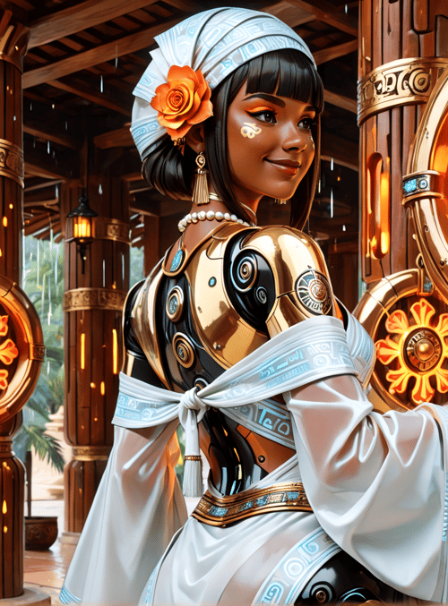 woman, robotic armor, ornate pillars, sun symbol, flower headband