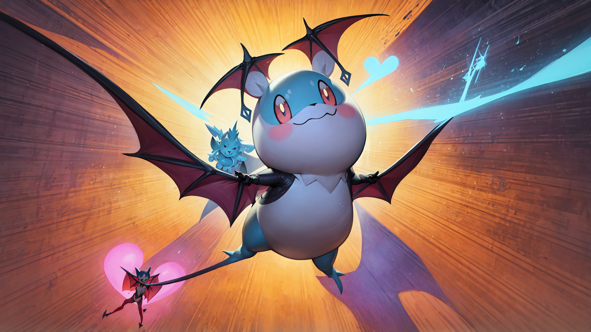 AI generated wallpaper featuring bat, puppy, dragon, heart, spark
