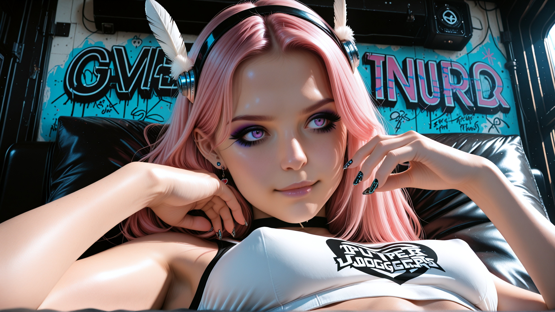 AI generated wallpaper featuring woman, pink hair, headphones, feathers, graffiti, leather, tank top, nails, earrings, logo