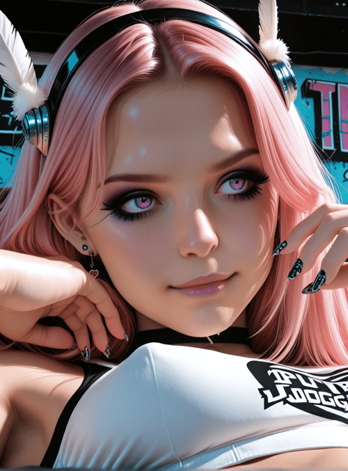 woman, pink hair, headphones, feathers, graffiti, leather, tank top, nails, earrings, logo