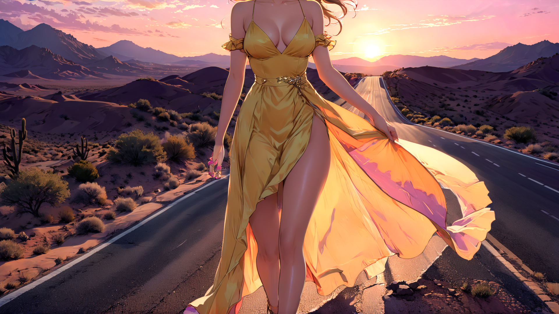 AI generated wallpaper featuring woman, dress, desert