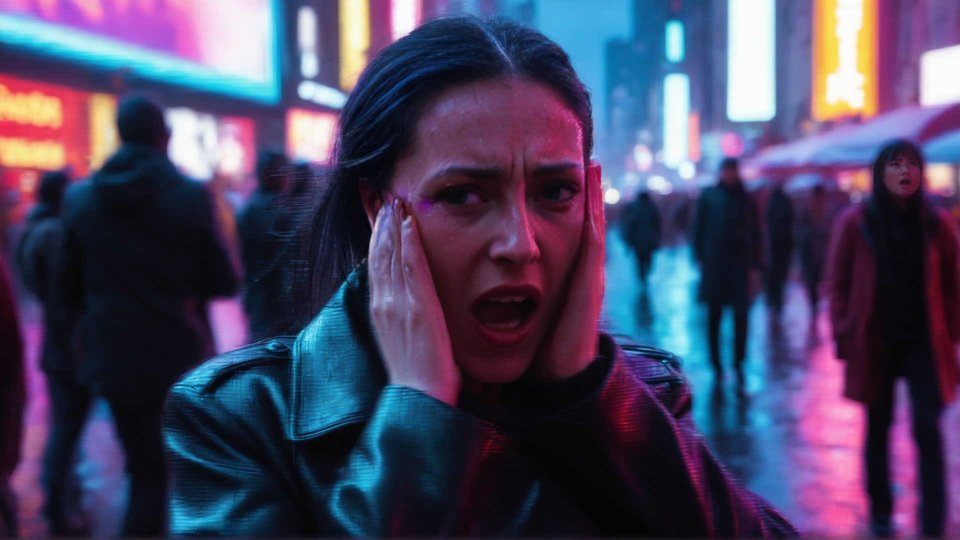 AI generated wallpaper featuring woman, city, crowd