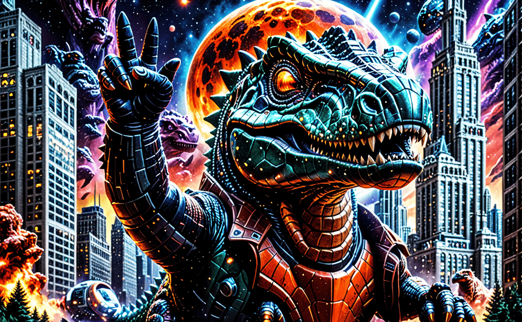 AI generated wallpaper featuring dinosaur, robot, city, skyscraper, alien, monster, spaceship