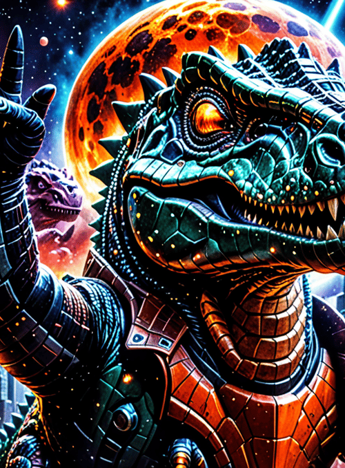 dinosaur, robot, city, skyscraper, alien, monster, spaceship