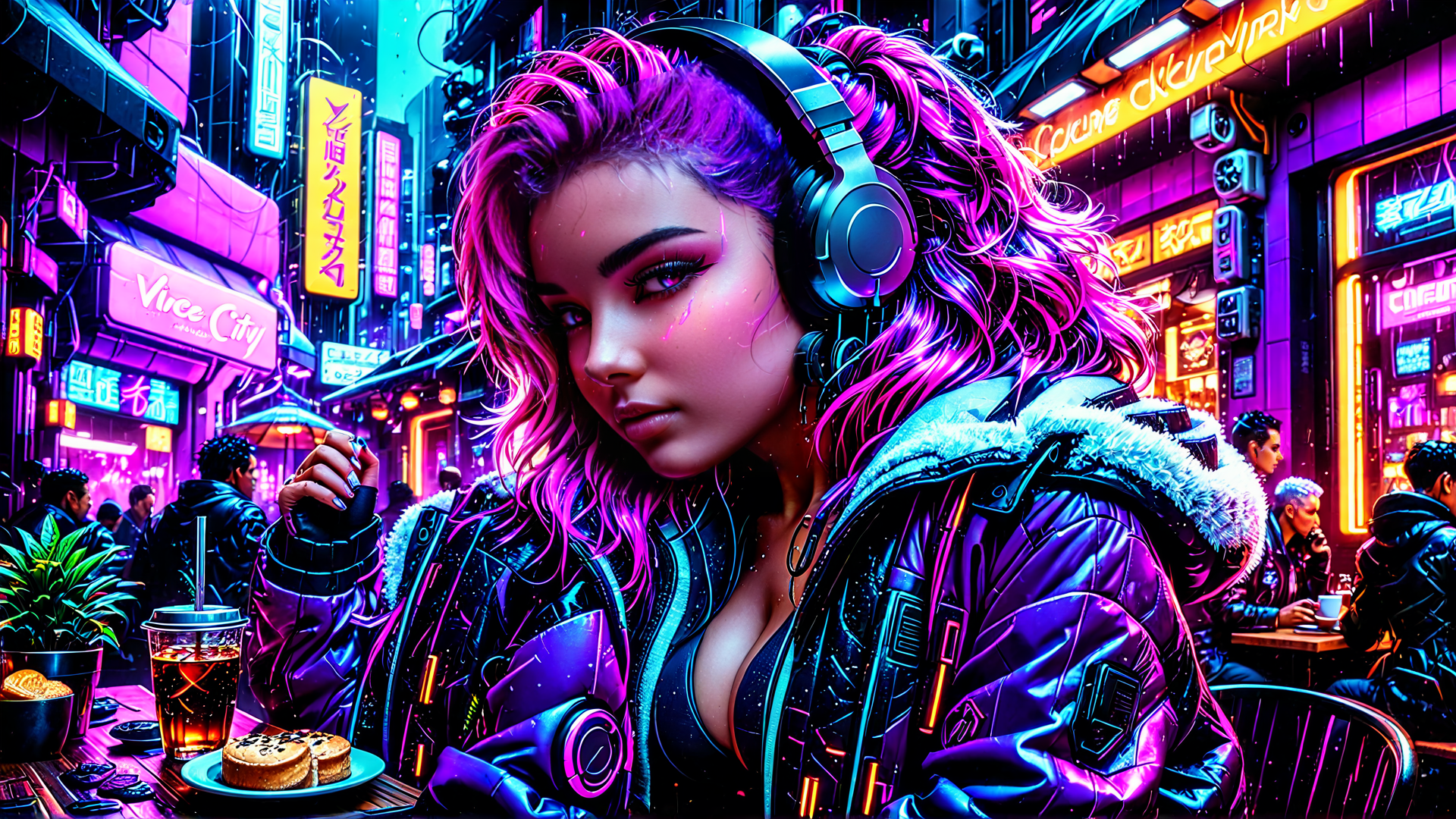 AI generated wallpaper featuring woman, cyberpunk, headphones