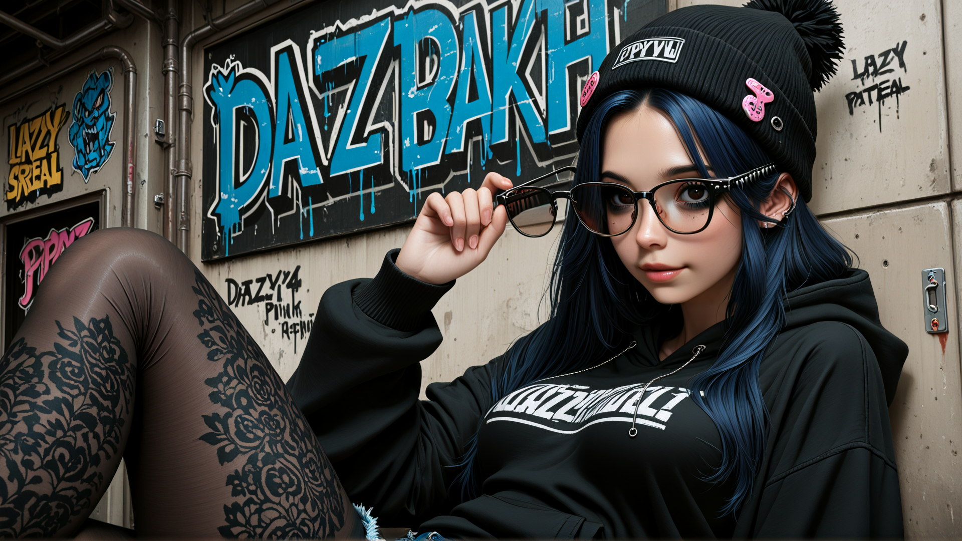 AI generated wallpaper featuring girl, hoodie, beanie, glasses, tights, graffiti, urban, art