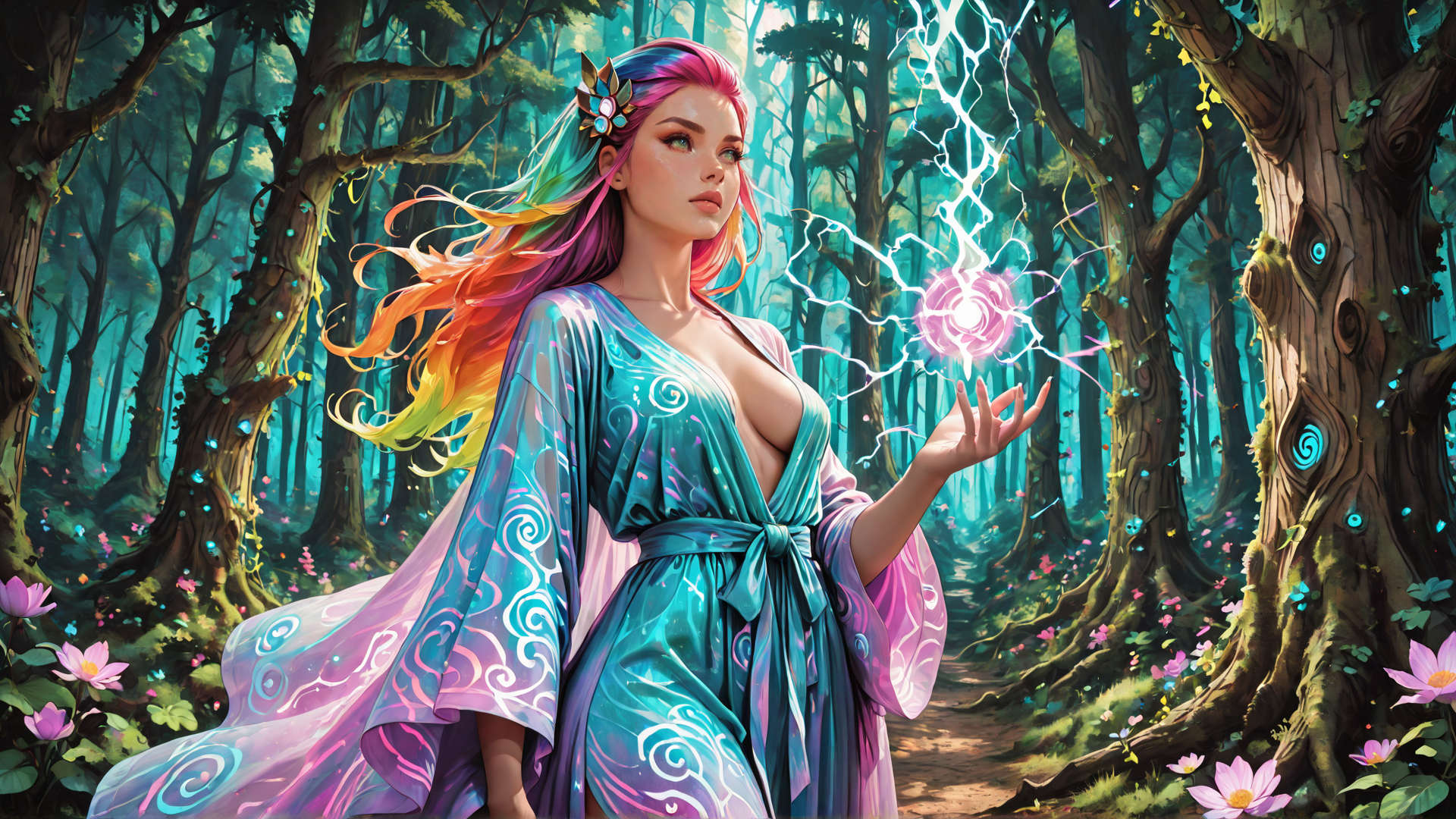 AI generated wallpaper featuring woman, forest, magic, lightning, flower, tree