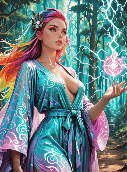 woman, forest, magic, lightning, flower, tree
