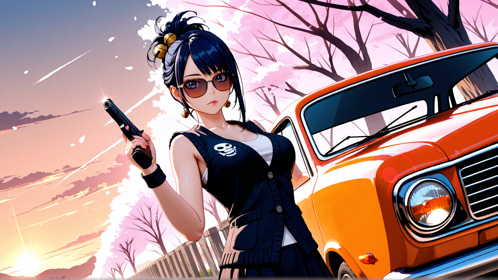 AI generated wallpaper featuring woman, gun, car, sunglasses, skeleton, cherry blossoms, trees, sun, earrings, hairpins