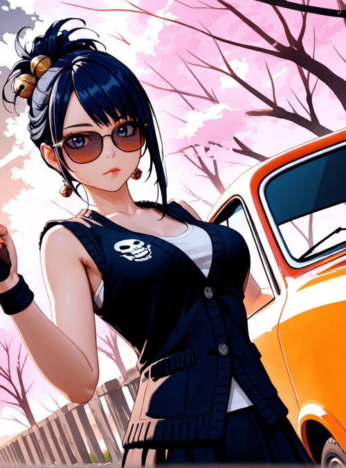 woman, gun, car, sunglasses, skeleton, cherry blossoms, trees, sun, earrings, hairpins