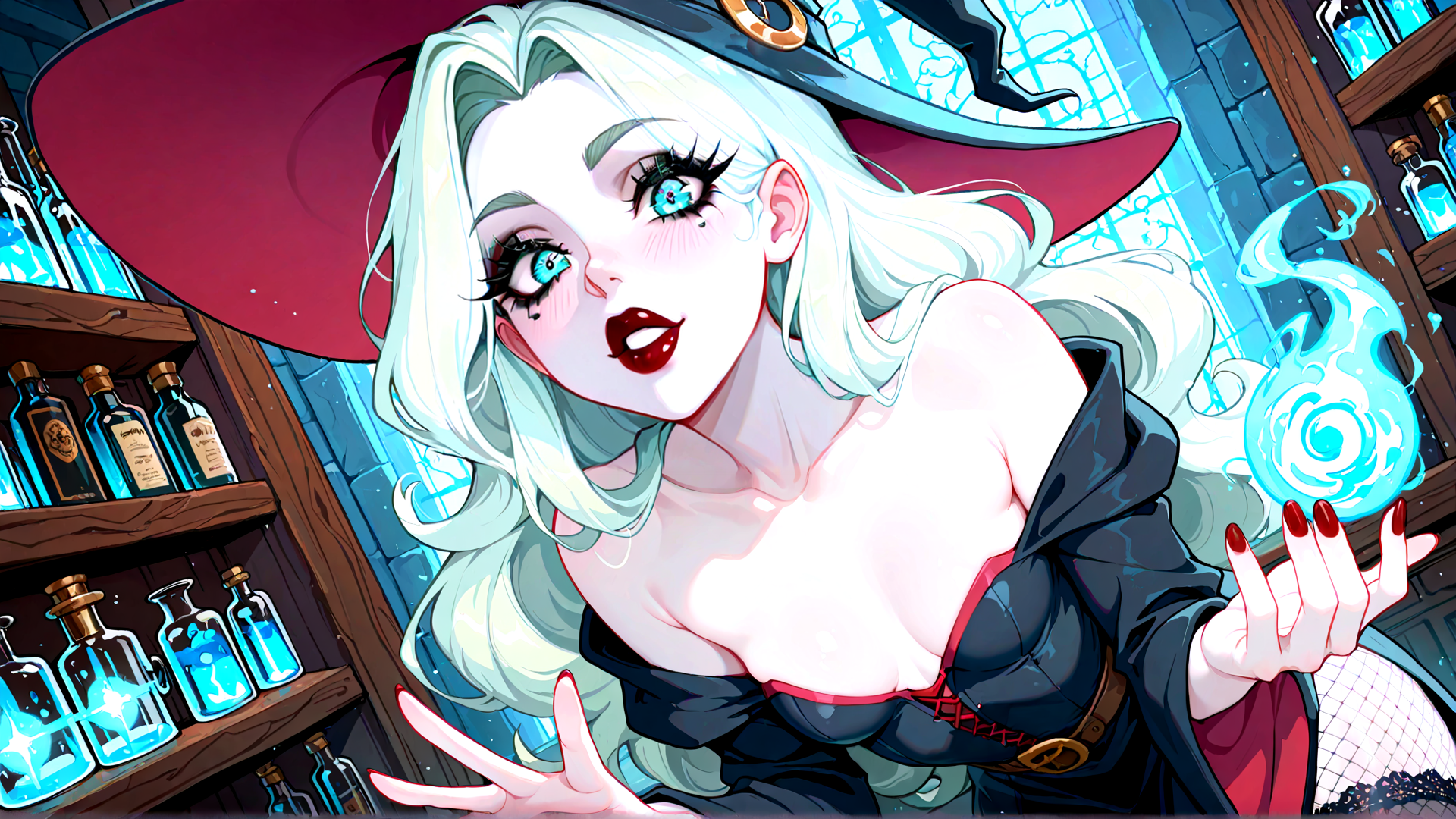 AI generated wallpaper featuring witch, wizard, woman, bottle, cauldron, spell, magic, hat, liquid, gloves