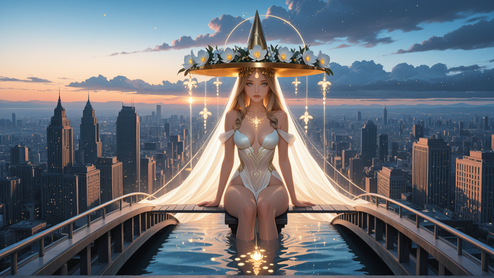AI generated wallpaper featuring woman, city, hat, veil, water, buildings, flowers, light, sky, bridges