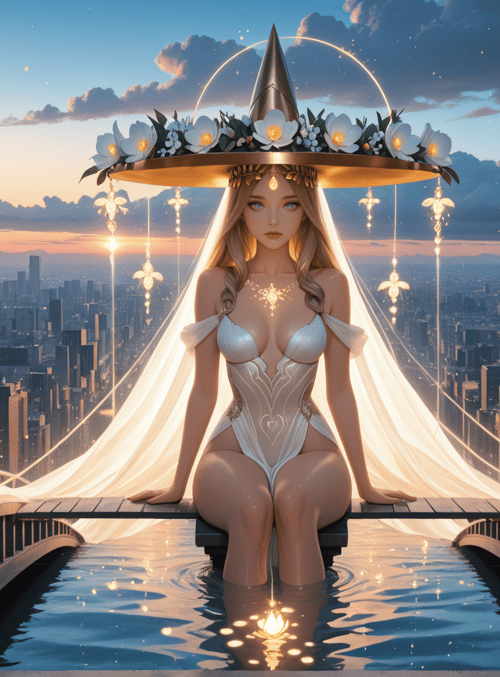woman, city, hat, veil, water, buildings, flowers, light, sky, bridges