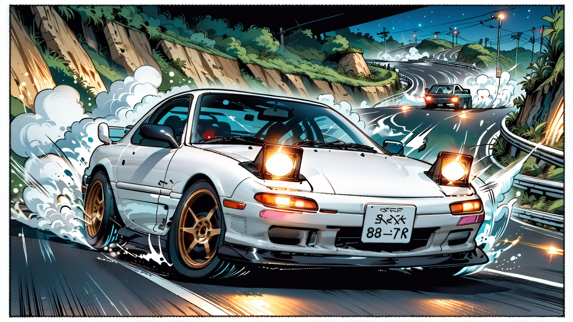 AI generated wallpaper featuring car, road, tire, suspension, license plate, headlight, mountain, trees, windshield, steering wheel