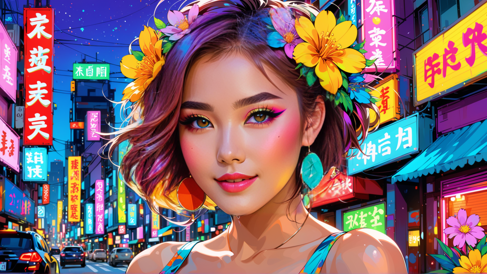 AI generated wallpaper featuring woman, cityscape, flowers