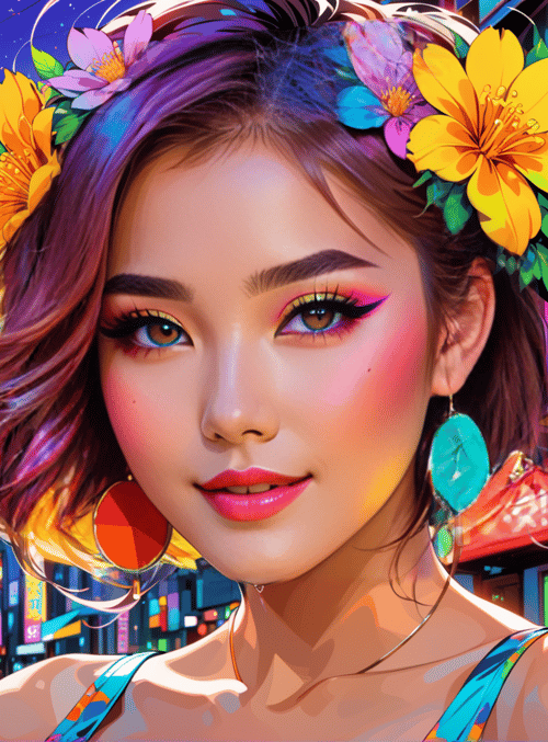 woman, cityscape, flowers