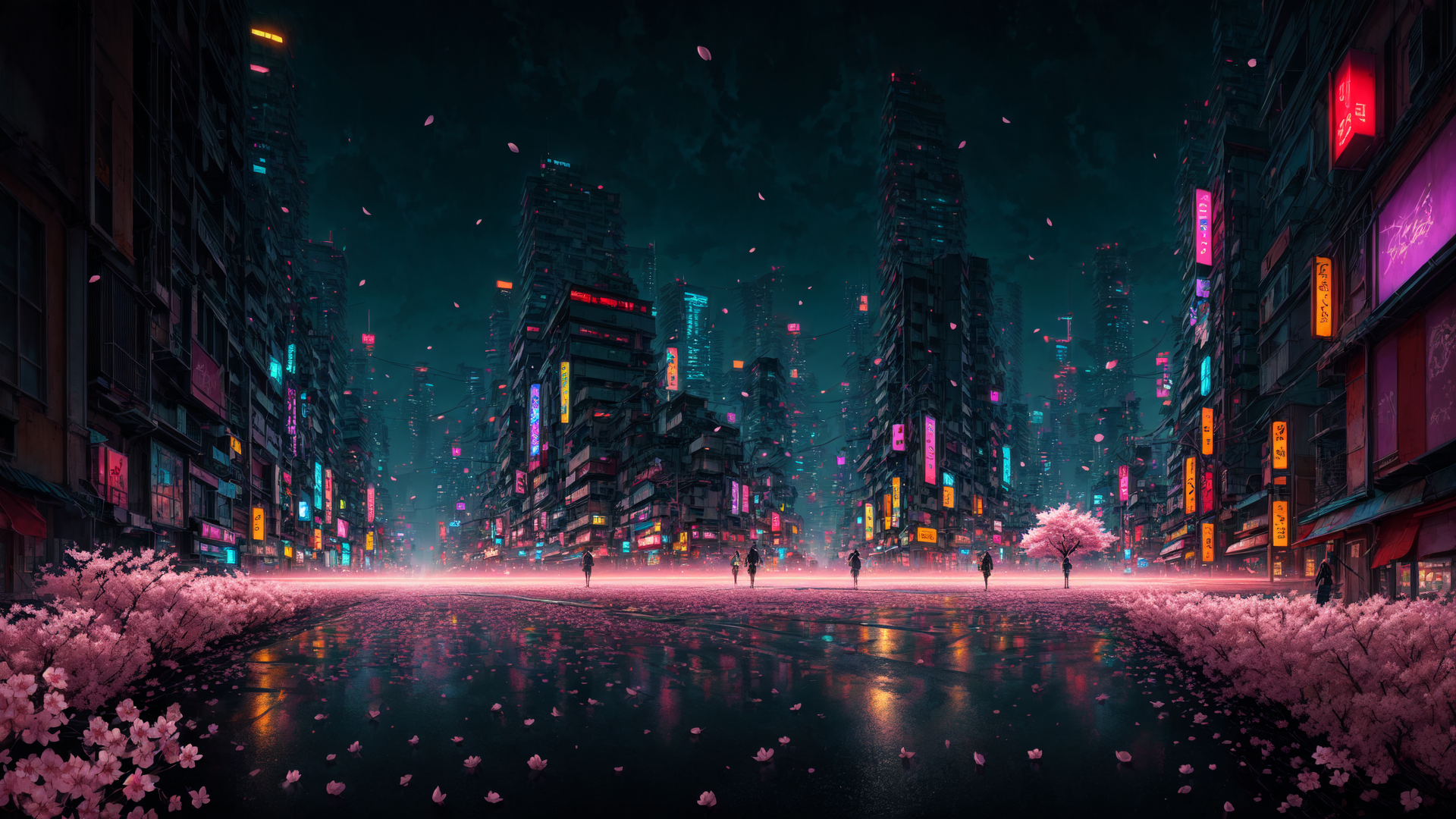 AI generated wallpaper featuring city, cherry blossoms, people