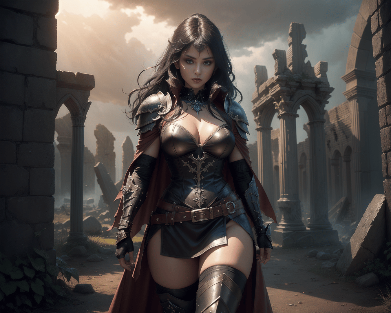 AI generated wallpaper featuring warrior, woman, ruins