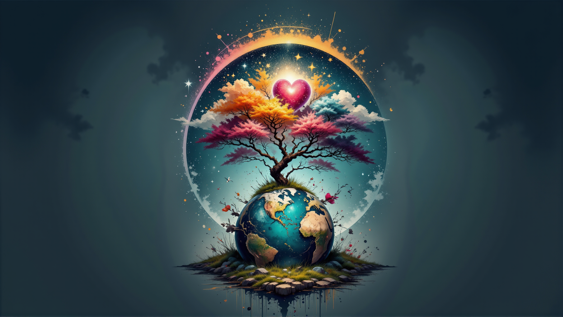 AI generated wallpaper featuring earth, tree, heart, stars, moon