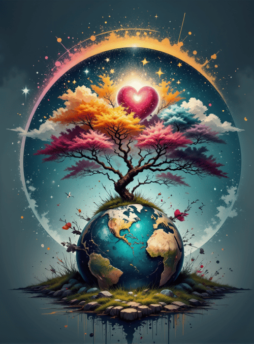 earth, tree, heart, stars, moon