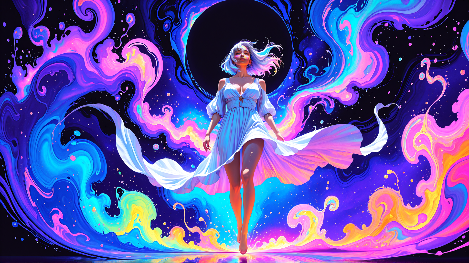 AI generated wallpaper featuring woman, dress, hair, swept, swirls