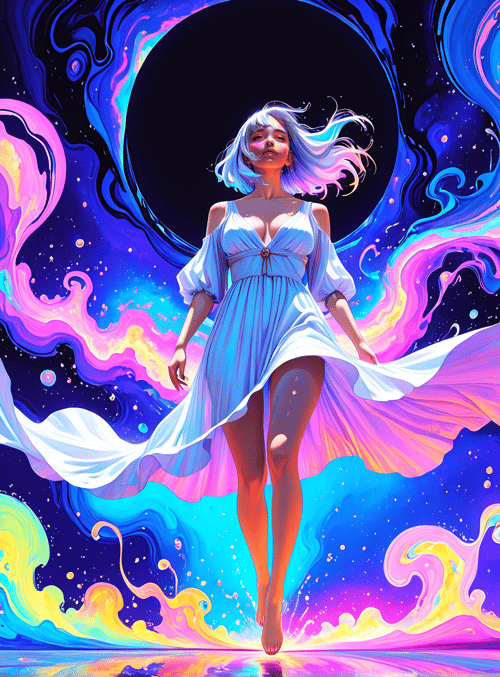 woman, dress, hair, swept, swirls