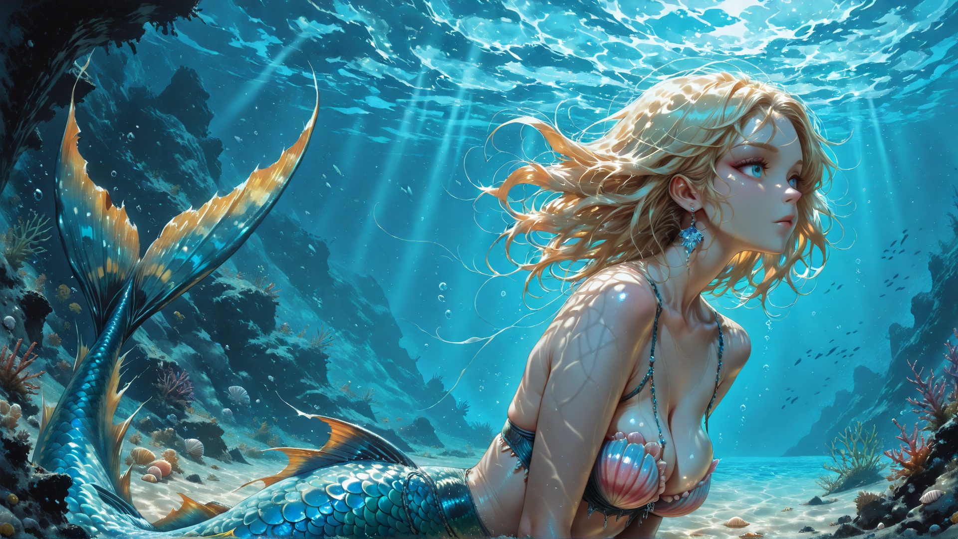 AI generated wallpaper featuring mermaid, fish, coral, sunlight, seaweed, ocean, sand, shells, rays, water